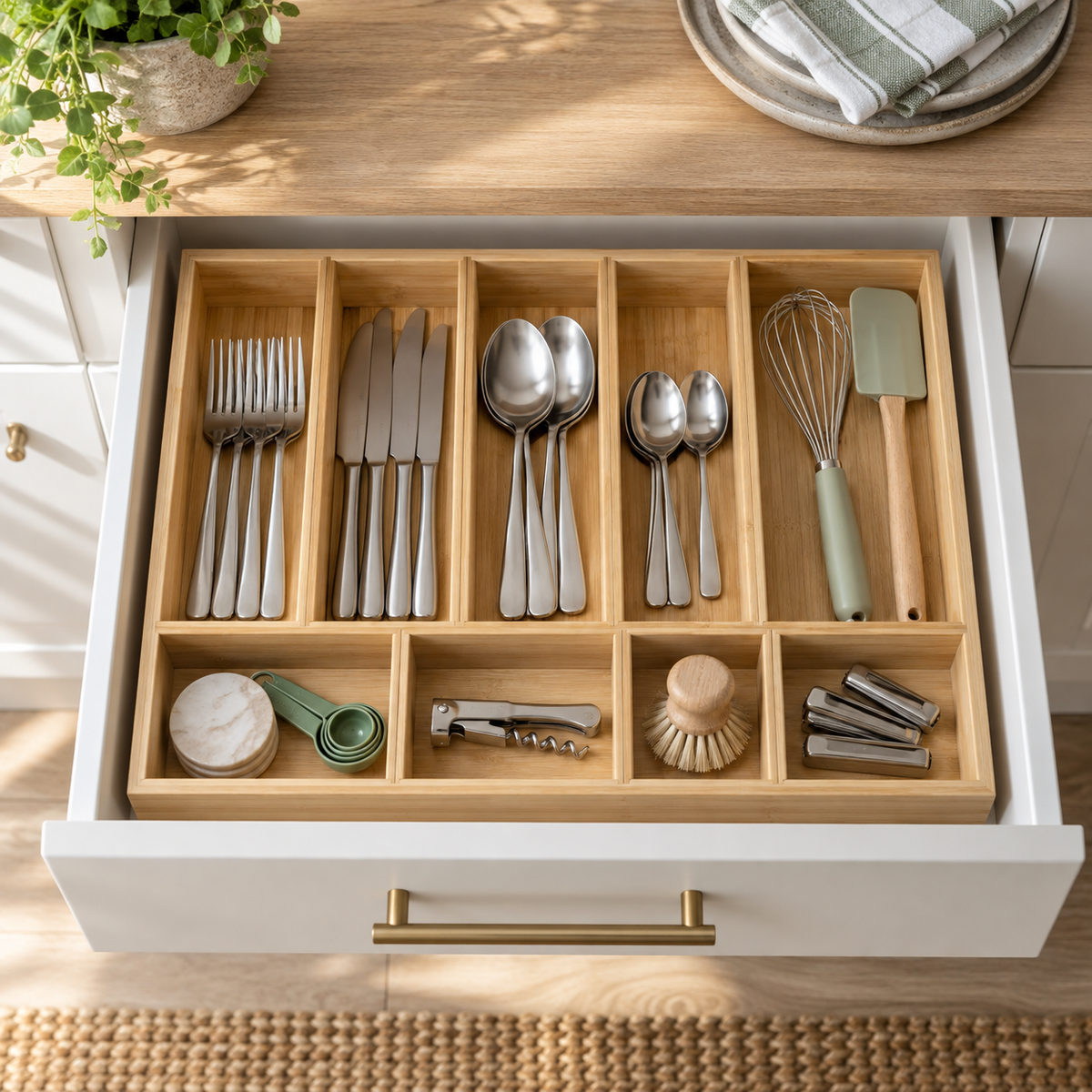 Mirevado Modular Bamboo Drawer Organizer home setting