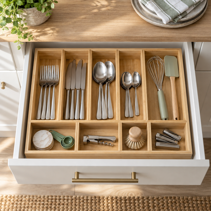 Mirevado Modular Bamboo Drawer Organizer home setting