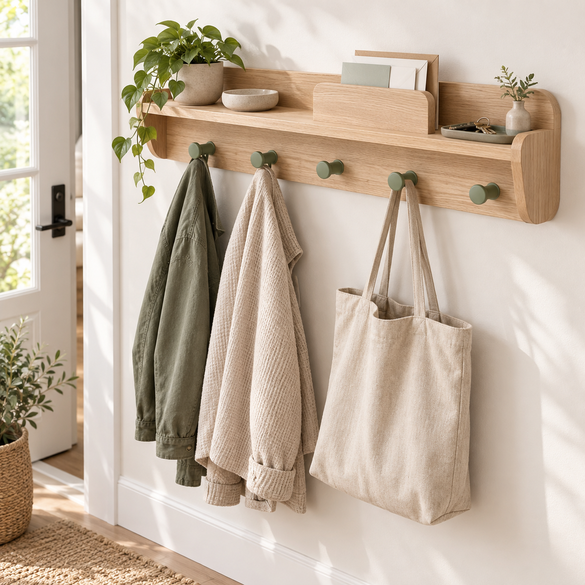 Mirevado Oak Entryway Organizer with Five Hooks home setting