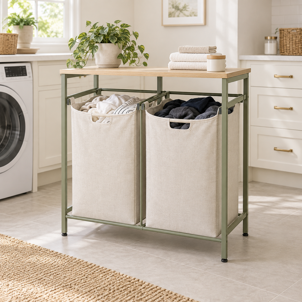 Mirevado Double Laundry Sorter with Oak Shelf home setting